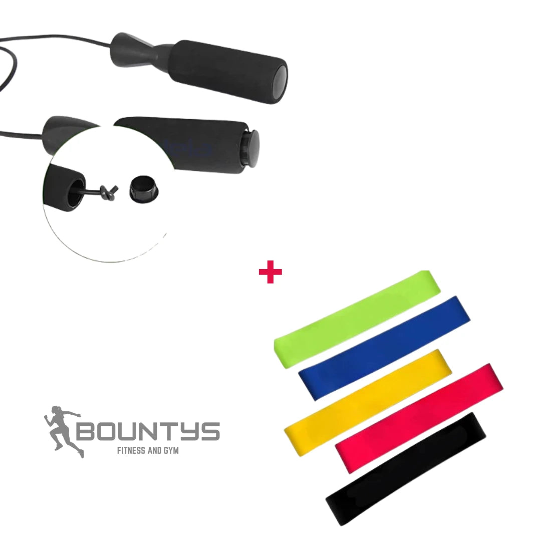 Kit 5 Faixas de Resistência + Corda de Pular Bountys® – Fortaleça, Queime Calorias e Treine em Casa com Segurança 40+