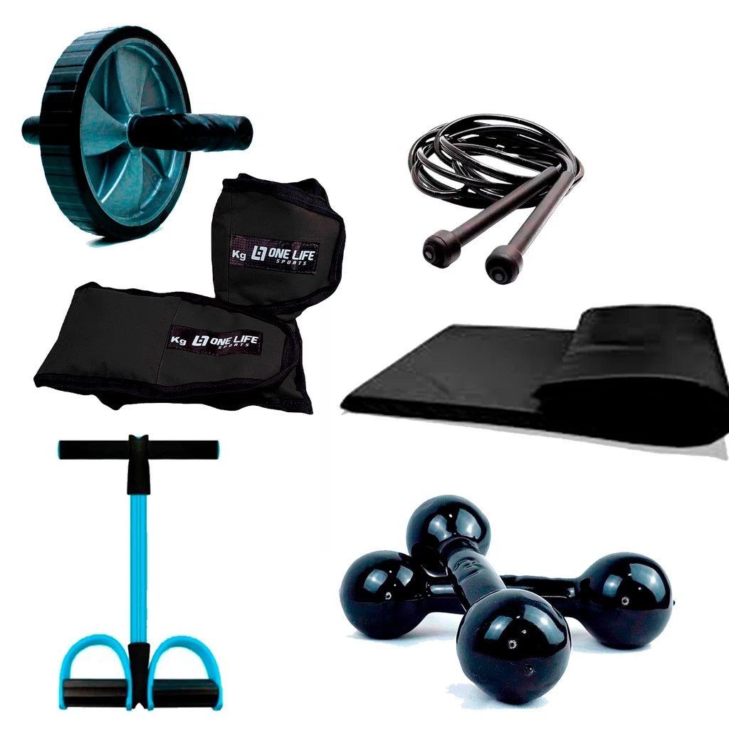 Kit Funcional Completo Bountys® – 6 Itens para Treinar em Casa com Segurança e Eficiência 40+ | Colchonete, Caneleira, Halter, Roda Abdominal, Extensor e Corda