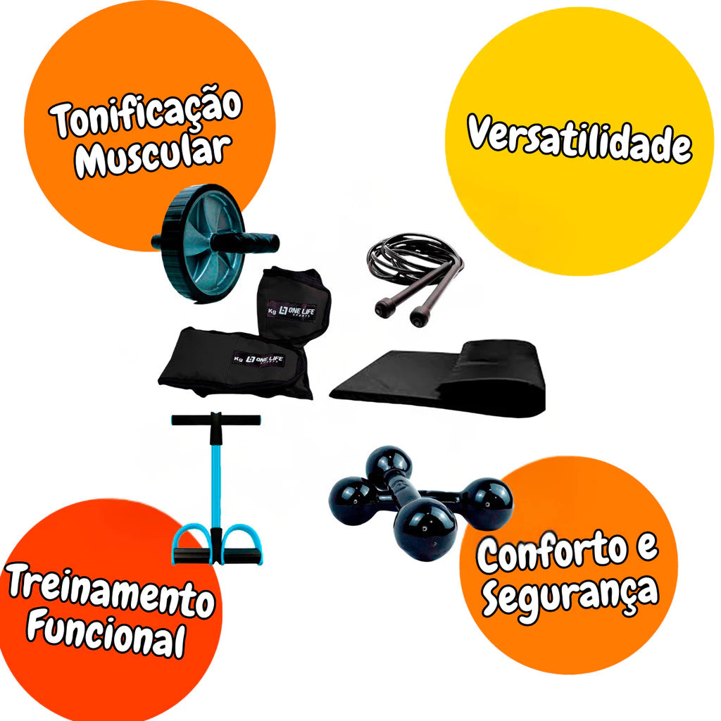 Kit Funcional Completo Bountys® – 6 Itens para Treinar em Casa com Segurança e Eficiência 40+ | Colchonete, Caneleira, Halter, Roda Abdominal, Extensor e Corda