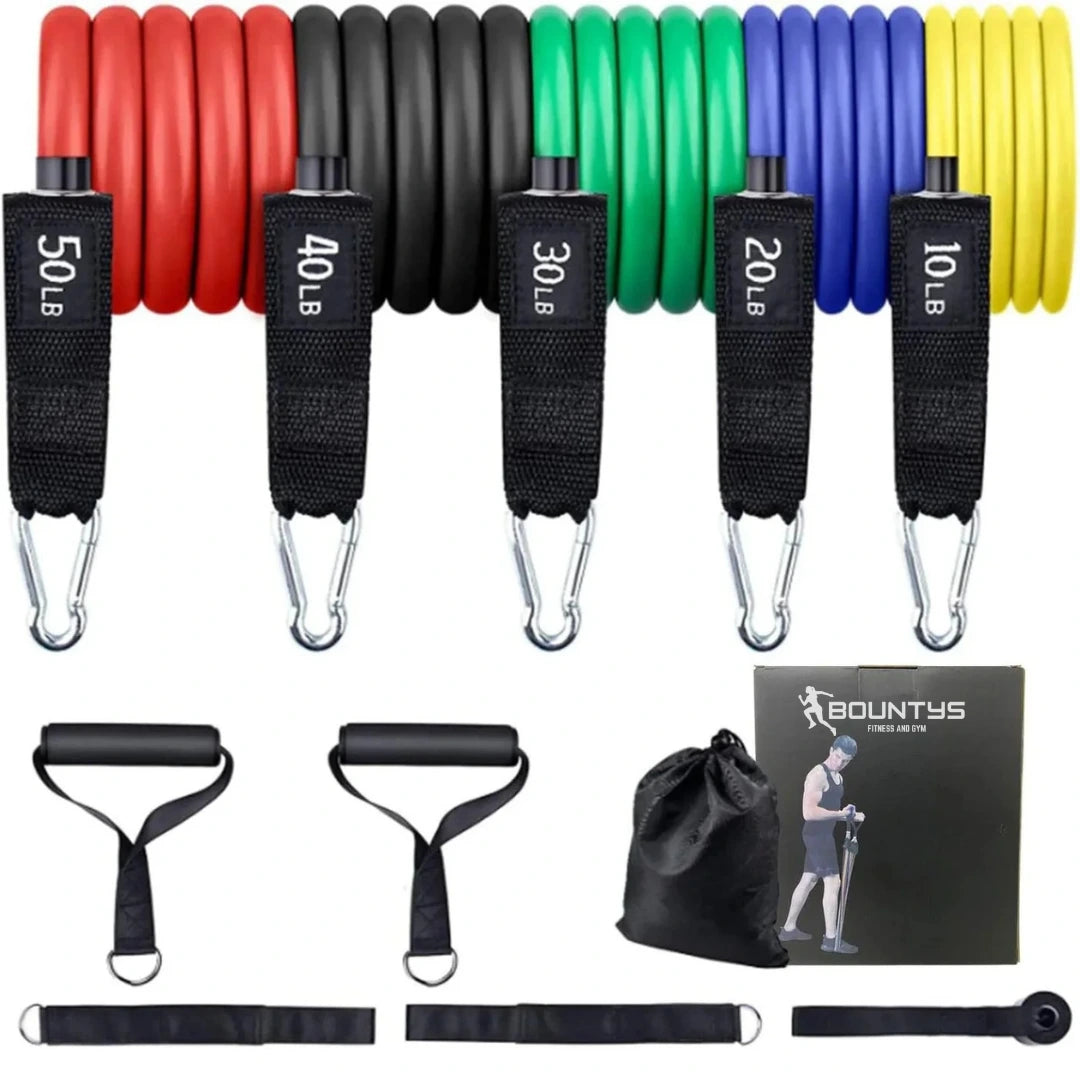 Kit 11 Peças de Elásticos Resistência - Bountys®  Academia em Casa COMPRE E LEVE: 1 PLANILHA DE TREINO 8 SEMANAS + VÍDEOS EXCLUSIVOS EXPLICATIVOS DE COMO USAR O BRINDE.